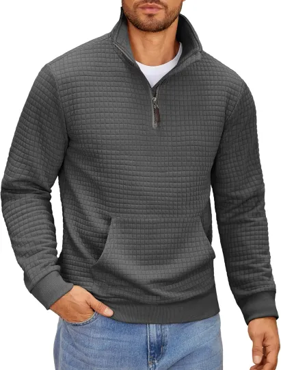 Discover Mens Quarter Zip Sweatshirt Long Sleeve Casual Waffle Pullover Hoodies with Pock