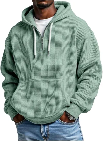 Discover Quarter Zip Hoodie Men Long Sleeve Waffle Solid Color Sweat Shirt