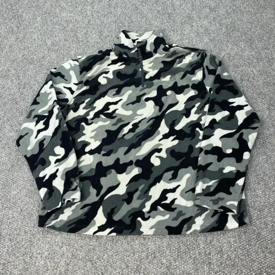 Discover Starter Pullover Mens Large Gray Camo Quarter Zip Comfort Fleece Waffle Knit