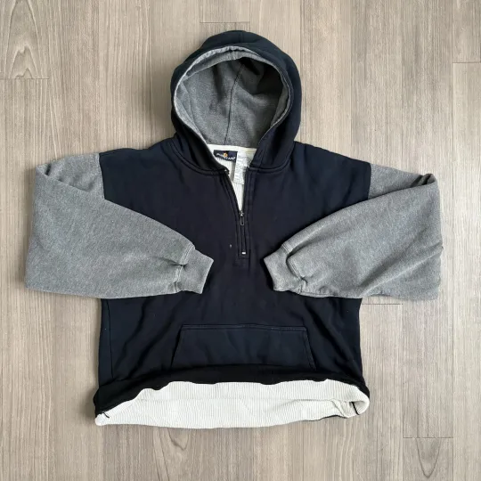 Discover Puritan Sweatshirt Mens Large Navy Gray Quarter Zip Hooded Waffle Lined Thermal