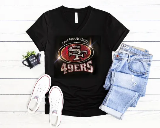 San Francisco 49ers Rhinestone V-Neck Relaxed Fit Women's T-Shirt