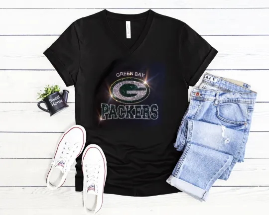 Green Bay Packers Rhinestone Women's Relaxed Fit V-Neck T-Shirt