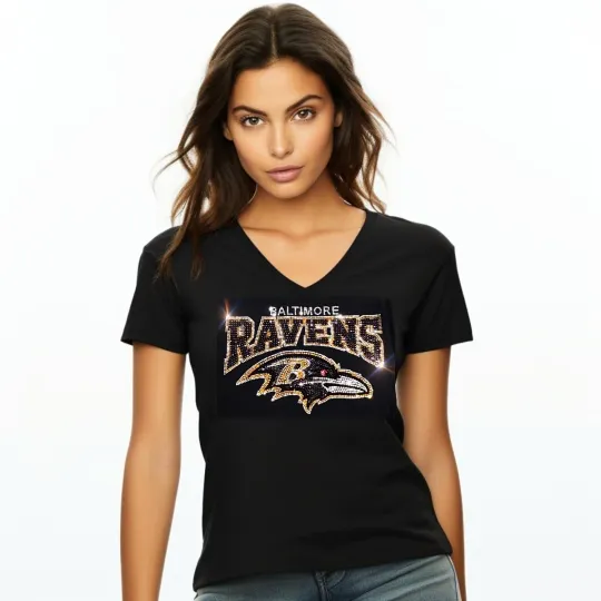 Baltimore Ravens Rhinestone Women's V-Neck Relaxed Fit T-Shirt