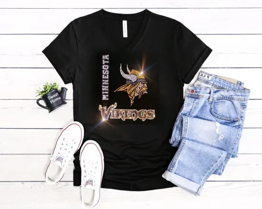 Minnesota Vikings Unisex Crew Neck Long Sleeve or V-Neck Bling T-Shirt for Women