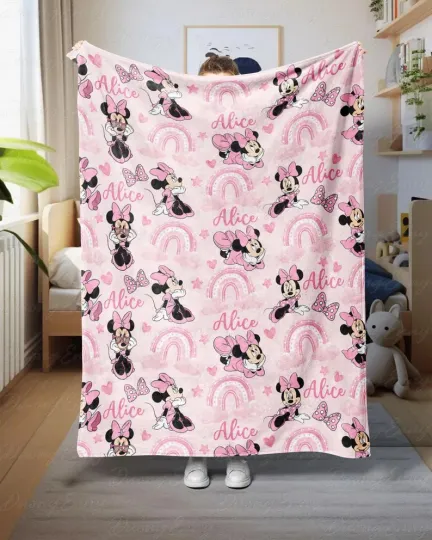 Discover Personalized Disney Cute Pink Rainbow Minnie Fleece Blanket