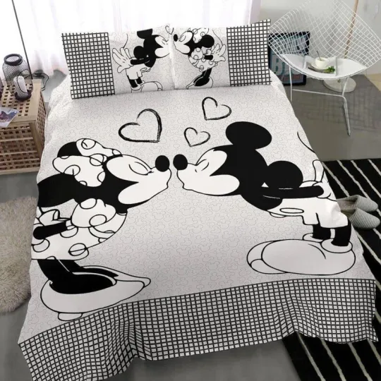 Discover Mickey Kissing Minnie I Love You Mouse Couple Romantic Love 3D Quilt Bedding Set