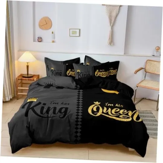 Discover Couple Bedding Set - Size, Crown Queen and King Full Dark Grey and Black