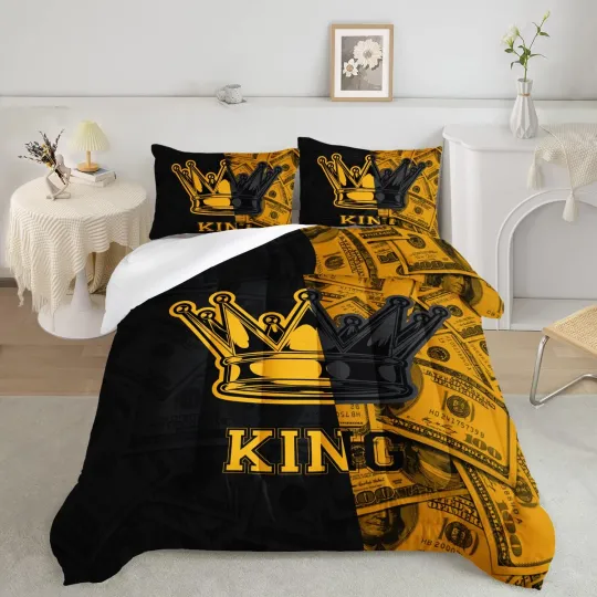 Black and Gold Printed Couple Queen Bedding Set with Crown Design