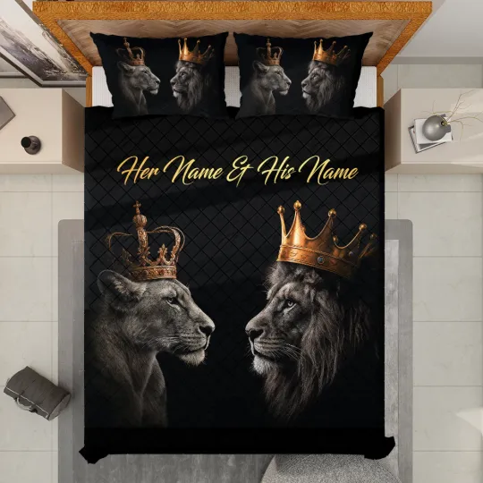 Discover Personalized King & Queen Lion Couple Royal Crown Gift For Spouses Quilt Bed Set