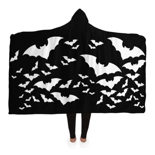 Discover Halloween Hooded Blanket Black Scary Bats, Unisex, Premium Sherpa Hooded Blanket