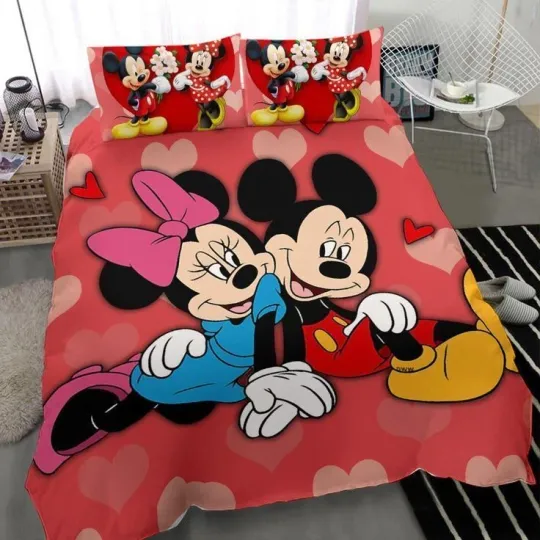 Discover Happy Valentine's Day Mickey And Minnie Couple 3D Quilt Bedding Set Best Price