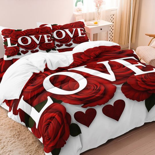 Discover 3pcs Valentine'S Day Romantic Rose Love Letter Pattern Duvet Cover Set, Bedding Set, Soft And Comfortable Duvet Cover Bedroom