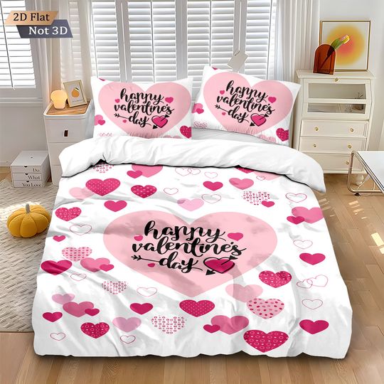 Discover 3pcs Valentine's Day Pink Romantic Love Printed Coreless Down Duvet Cover Set, Multi Size Bedding, Holiday Decoration