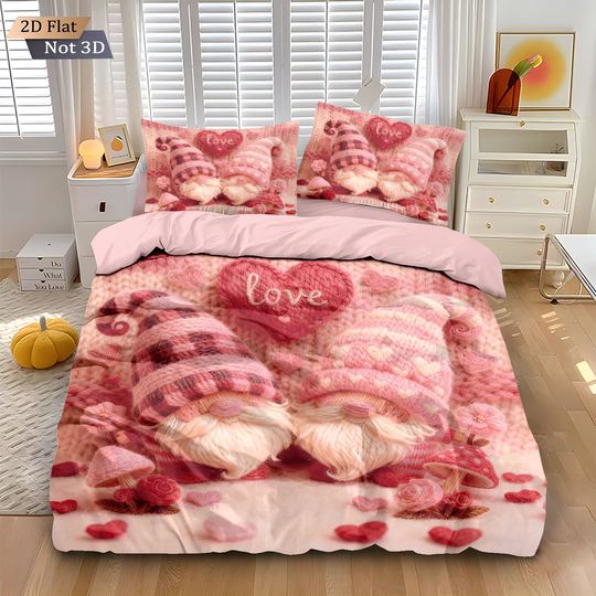 Discover 3pcs Valentine's Day romantic pink heart-shaped goblin print coreless down duvet cover set multi size bedroom bedding decoration