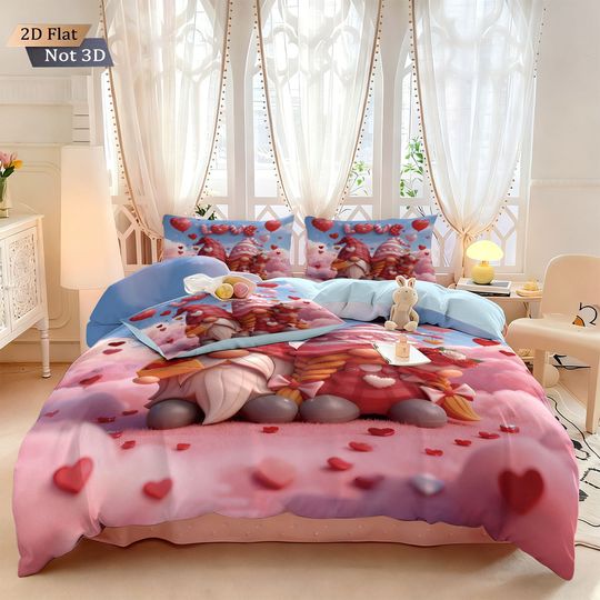 Discover 3pcs Valentine's Day romantic pink love goblin dwarf print coreless down duvet cover set multi size bedroom bedding decoration