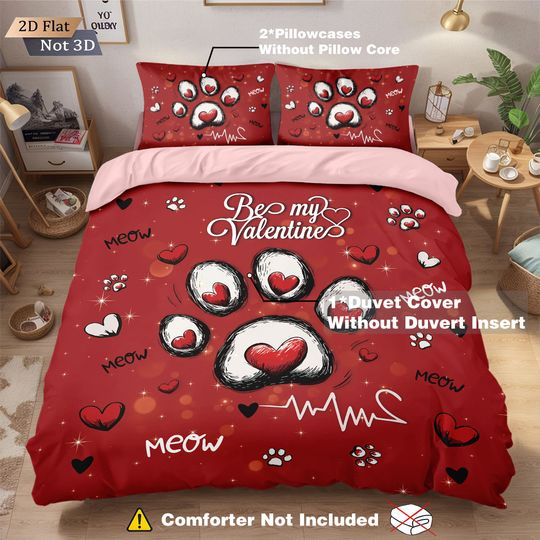 Discover 3pcs Valentine's Day Red Cat Claw Printed Bedsheet Set Multi Size Bedroom Dormitory Bed Holiday Decoration Machine Washable
