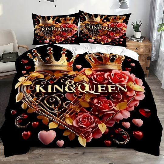 Discover Valentine's Day Love Roses Pattern Printed Duvet Cover Simple Luxury Style Bedding set Soft Comfortable Quilt Cover Pillowcase