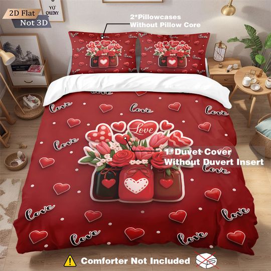 Discover 3pcs Valentine's Day Happy Romantic Red Love Print Core free Down Duvet Cover Set Multi Size Bedroom Bedding Festival Decoration