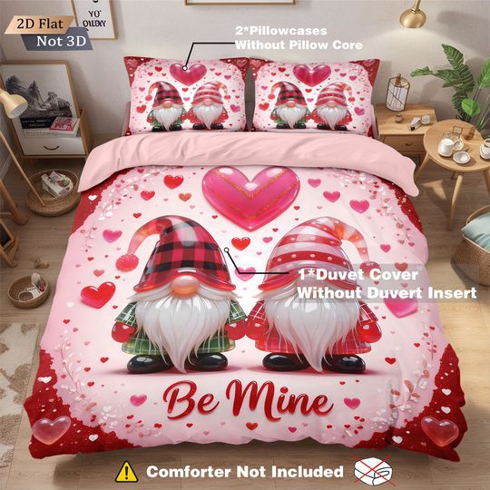 Discover 3pcs Valentine's Day romantic pink love goblin print coreless down duvet cover set multi size bedroom bedding holiday decoration