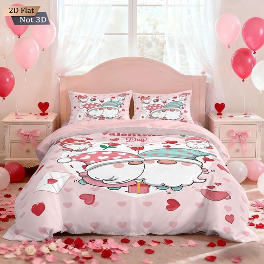 Discover 3pcs Valentine's Day Pink Christmas goblin print coreless duvet set, multi size bedroom dormitory bedding holiday decoration