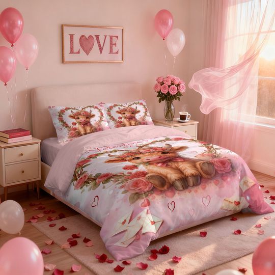 Discover 3pcs Pink Romantic Valentine's Day Highland Cow Print Coreless Bedding Set Multi Size Bedding Decoration Machine Washable