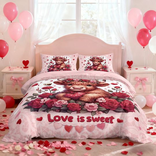 Discover 3pcs Valentine's Day Pink Highland Cow Print Coreless Bedding Set Multiple Sizes Bedrooms Bedding Decoration Machine Washable