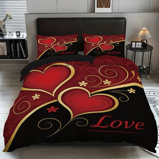 Discover 3pcs (1 duvet cover, 2 pillowcases, coreless), black and red Valentine's Day heart, Love design printed pattern bedding set
