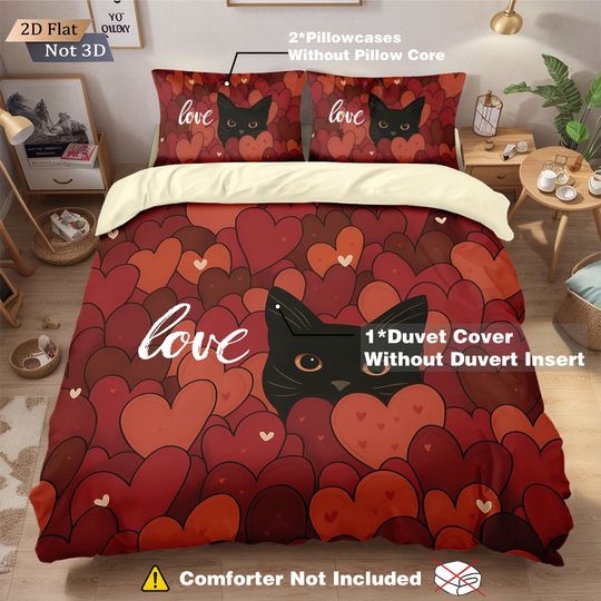 Valentine's Day Love Cat Print Duvet Cover Set, Multi Size Bedding for Bedroom