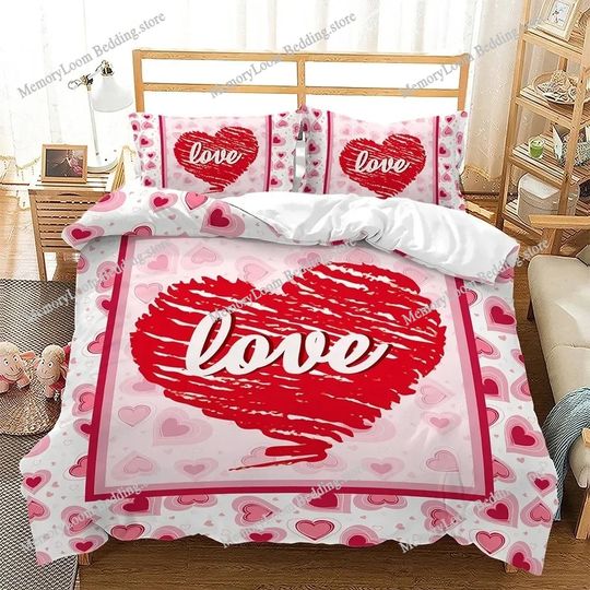 Discover Love Heart Valentine's Day 3D Duvet Cover Bedding Set Comforter Linen Pillowcases Wedding Decor For Couples Twin King Queen