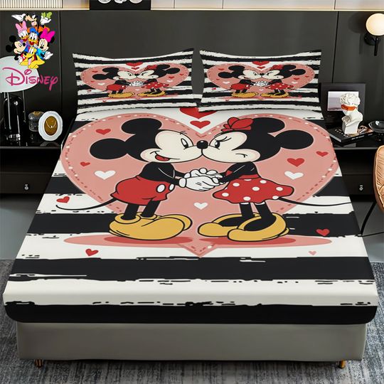 Discover 2/3pcs Disney Mickey & Minnie Fitted Sheet Set Love Heart Print Fitted Sheet Style Comfortable Cute Soft Christmas Gift