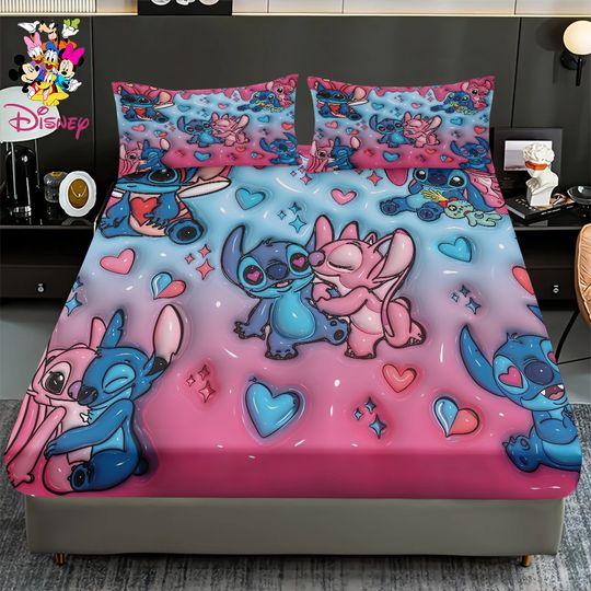 Discover 2/3pcs Disney Stitch&Angel Cartoon Fitted Sheet Set,Pink-Blue Heart,Digital Print,Polyester Material,All-Season Use,Holiday Gift
