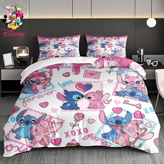 Discover 2/3pcs Disney Stitch Duvet Cover Set Without Filler Couple Heart Theme Suitable for Family Bedrooms Guest Rooms, All-Season Use