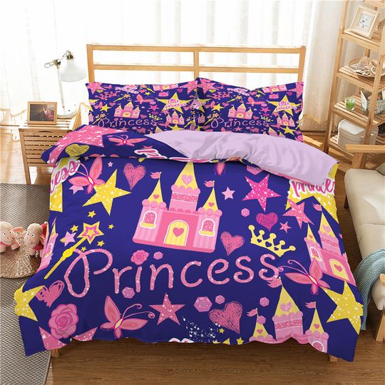 Discover Kids Cartoon Duvet Cover Set Full/Queen Microfiber 3D Bedding Set Soft Pink Castle Princess Comforter Cover With 2 Pillow Shams