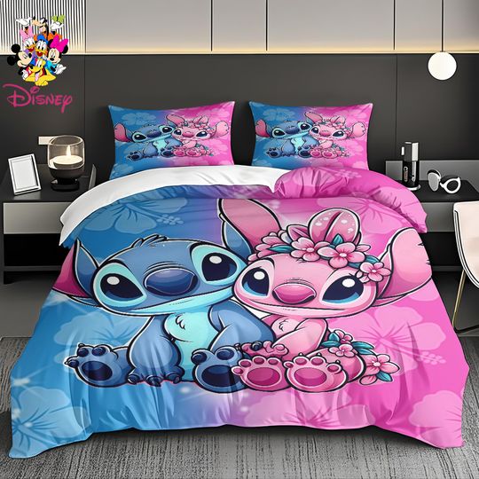 Discover 2/3pcs Disney Stitch & Angel Couple Style Duvet Cover Set  Soft & Comfortable Bed Sheet, Skin-Friendly & Breathable Bedding Set