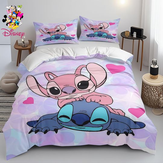 Discover 2/3pcs Disney Stitch& Angel Duvet Cover Set Without Filler Soft & Comfortable Bed Sheet, Skin-Friendly & Breathable Bedding Set