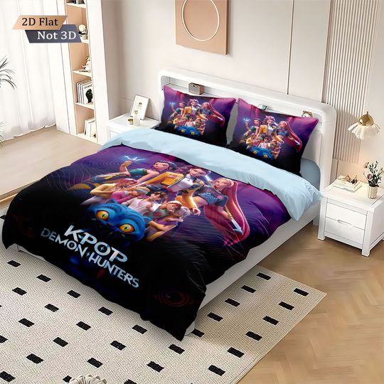Discover 3pcs K-Pop Demon Hunters Print coreless Bedding Set Multi Sized Bedding Dormitory duvet Cover, Soft Decoration, Machine Washable