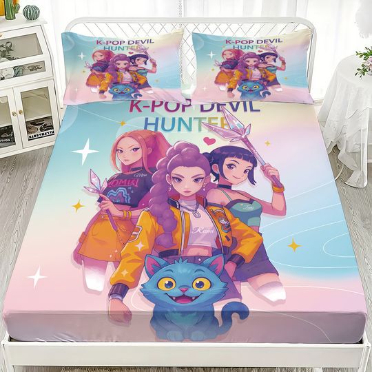 Discover 3pcs K-Pop Demon Hunters Printed coreless Bed Sheet Set Multi Size Soft Bed Cover Bedroom Bedding Machine Washable