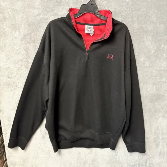 Discover Cinch Mens Black Red 1/4 Zip Pullover Sweatshirt Quarter Zip Logo XL