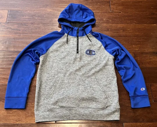 Discover Champion Blue Gray Mens Medium Waffle Knit 1/4 Zip Pocket Logo Hoodie Sweatshirt