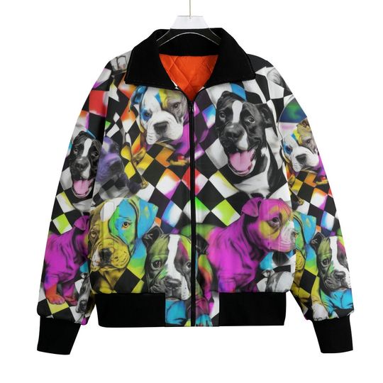 Checkerboard Pit bull Dog Bomber Jacket ,Rainbow PitBull Custom Dog Coat,Festival Gift Unisex Streetwear Knitted Fleece , Skate Punk Skater