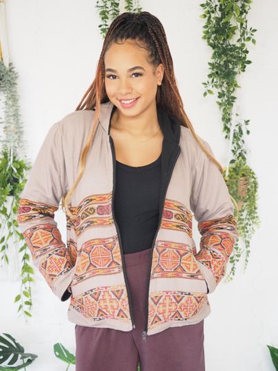 Discover AZTEC BOMBER JACKET - Unisex Winter Coat - Vintage style Fleece Jacket - Mens Hoodie - Embroidered Repurposed fabric - Cosy Loungewear