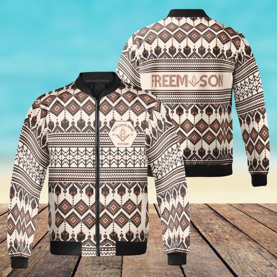 Discover Custom Name Masonic Winter Knitting Pattern Brown Vintage Bomber Jacket Unisex