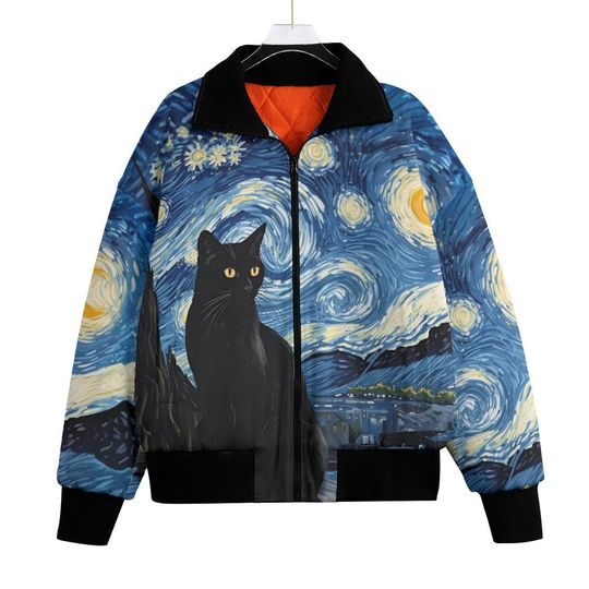 Discover Starry Night Black Cat Bomber Jacket, Art-Inspired Unisex Fleece Jacket, Warm Van Gogh Style Outerwear, Cozy Black cat fleece jacket