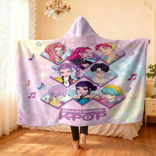 Discover 1pc K-Pop Demon Hunters Print Hooded Flannel Wearable Cloak Blanket Soft Warm Multi Size Nap Leisure Blanket Machine Washable