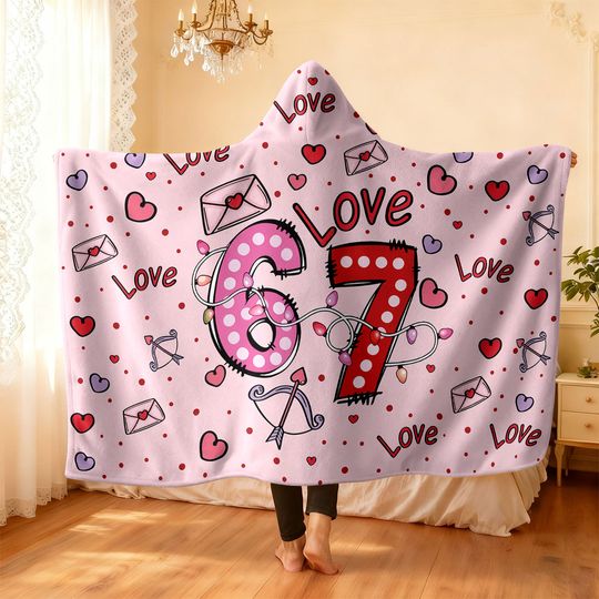 Discover 1pc Valentine's Day Romantic Pink Love 67 Print Hooded Flannel Wearable Cloak Blanket Soft Warm Multi Size Nap Leisure Blanket