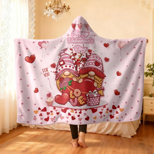 Discover 1pc Valentine's Day Romantic Love Dwarf Printed Hooded Flannel Wearable Cloak Blanket Soft Warm Multi Size Nap Leisure Blanket