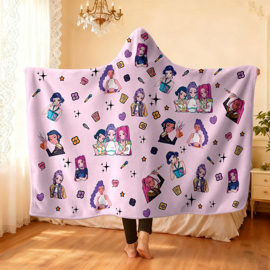 Discover 1pc K-Pop Demon Hunters Printed Hooded Flannel Wearable Cloak Blanket Soft and Warm Multi Size Napping and Leisure Blanket