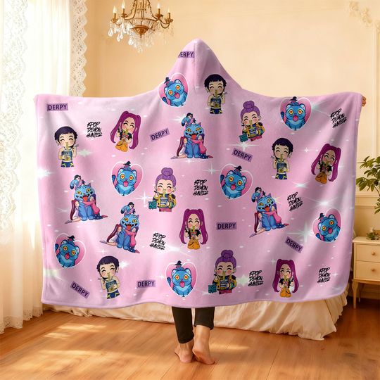 Discover 1pc K-Pop Demon Hunters Printed Hooded Flannel Wearable Cloak Blanket Soft and Warm Multi Size Napping and Leisure Blanket