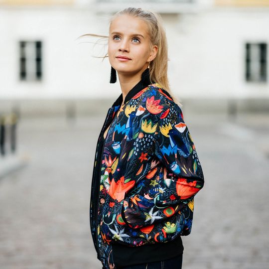 Discover Hand-Cut Floral Collage Artwork  Luxury Bomber Jacket with Colorful Retro Folk Art Print