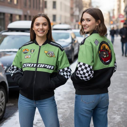 Discover Disney Zootopia Flash Sloth Racing 3D Bomber Jacket, Checker Pit Crew Bomber Jacket, Funny Disney Family Matching Outfit